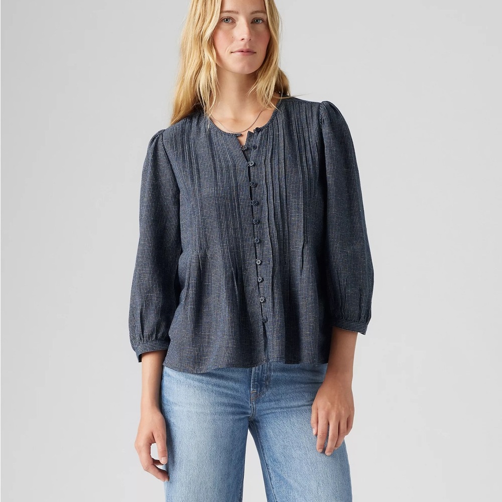 Levi's Gina Linen Blend Pintuck Plaid Blouse